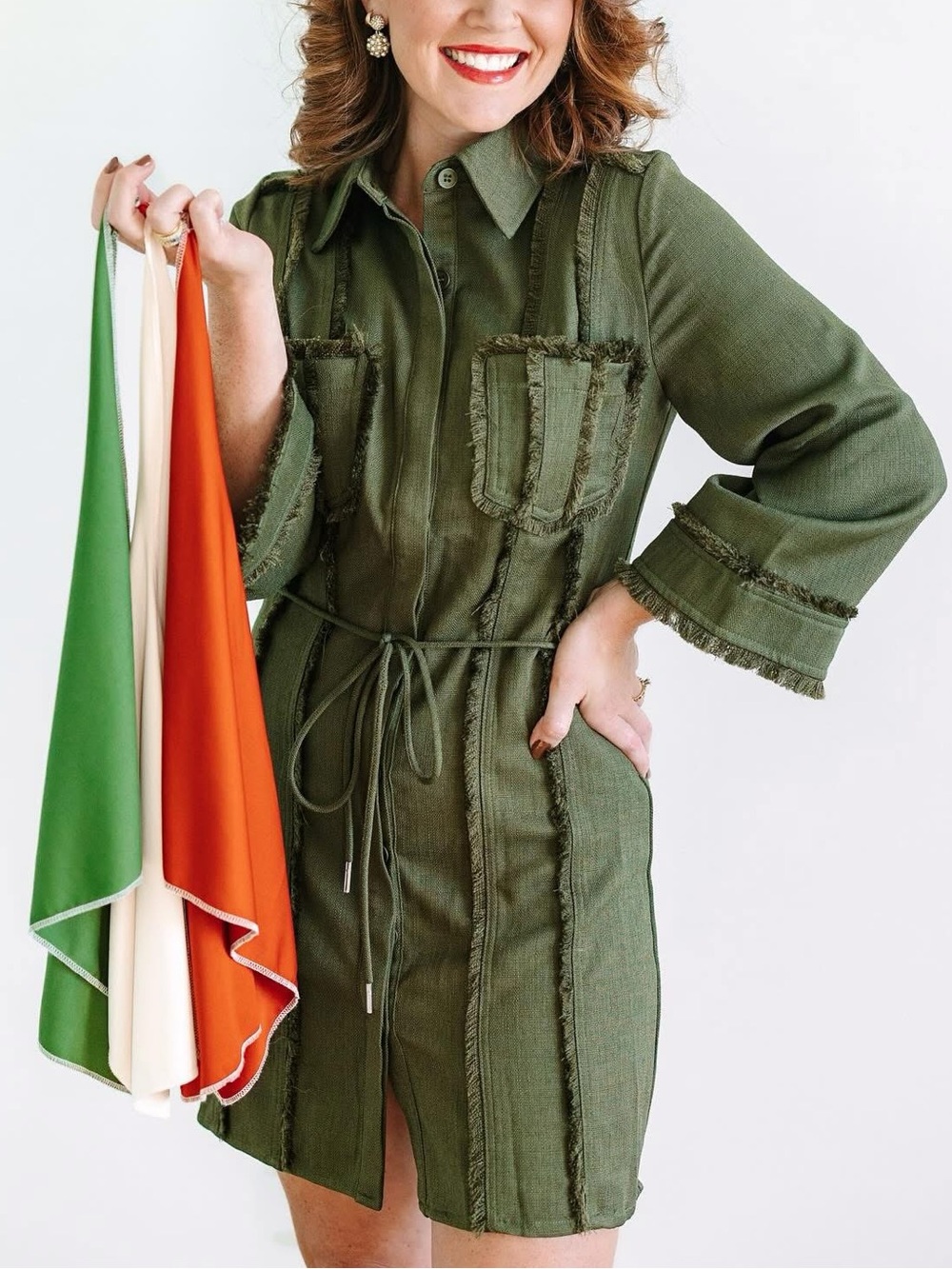Women's Olive Green Fringe Trim Button-Front Jacket